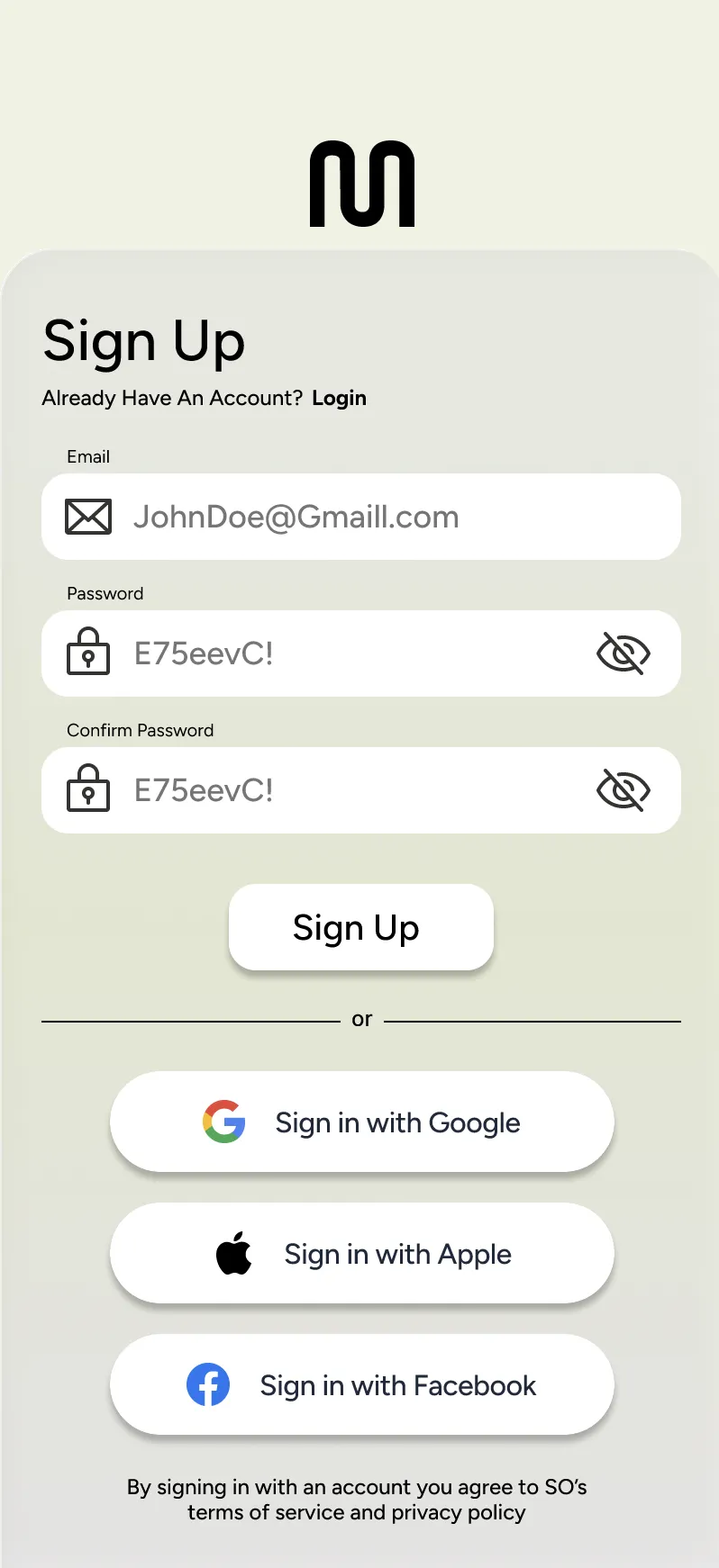Terminal sign-up screen